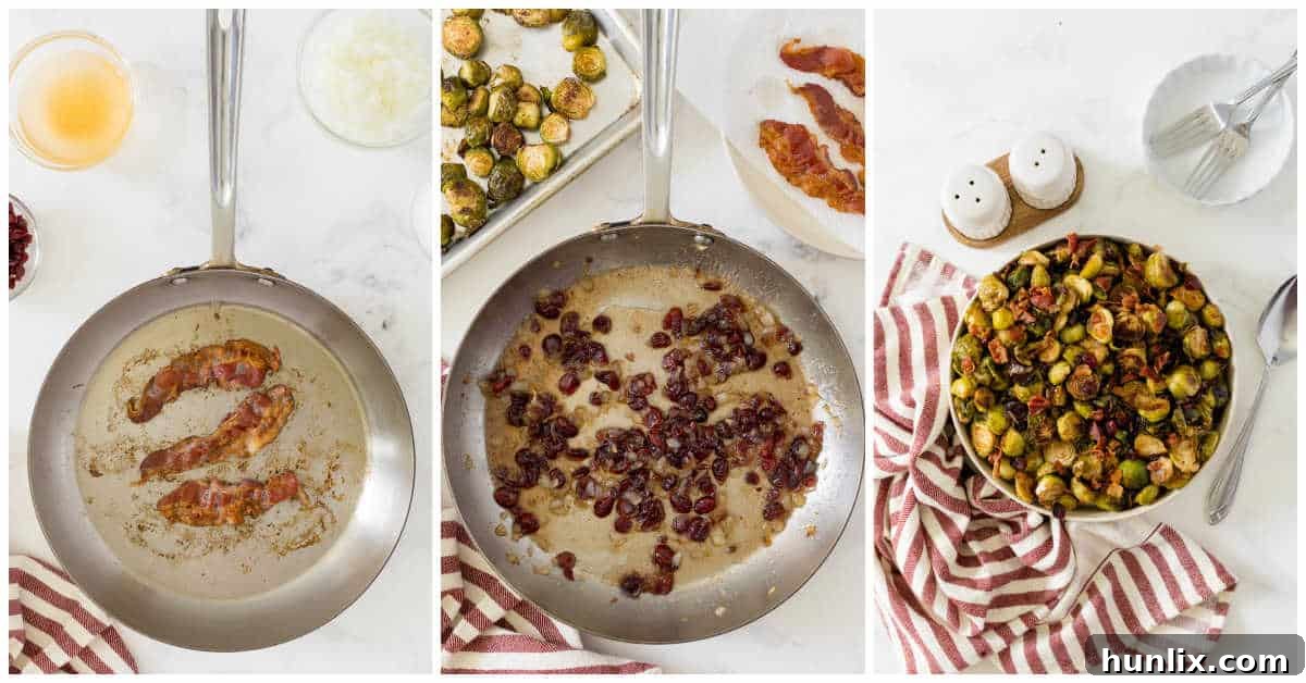 Crispy Bacon Cranberry Roasted Brussels 5 The final steps of combining the roasted brussel sprouts with the cranberry glaze and bacon.