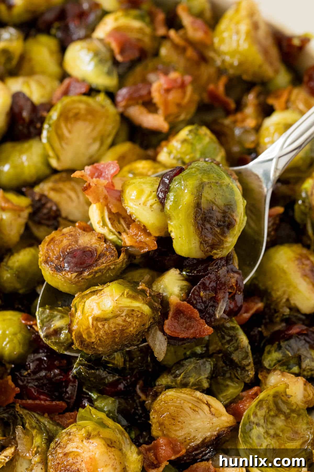 Crispy Bacon Cranberry Roasted Brussels 6 Roasted brussel sprouts with cranberries and bacon on a serving spoon, highlighting the texture and glaze.