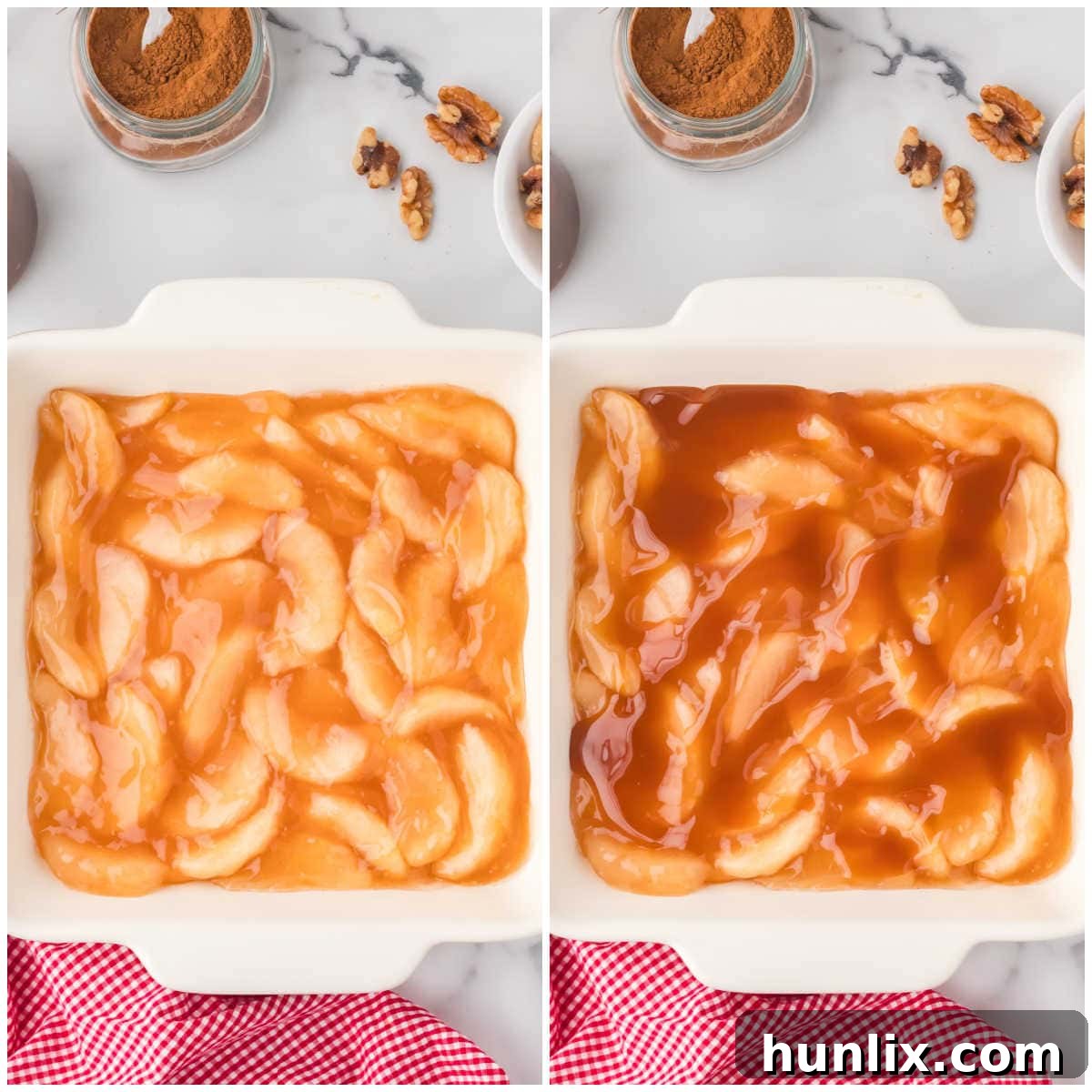 A collage showing the steps of spreading apple pie filling and drizzling caramel sauce into a baking pan.