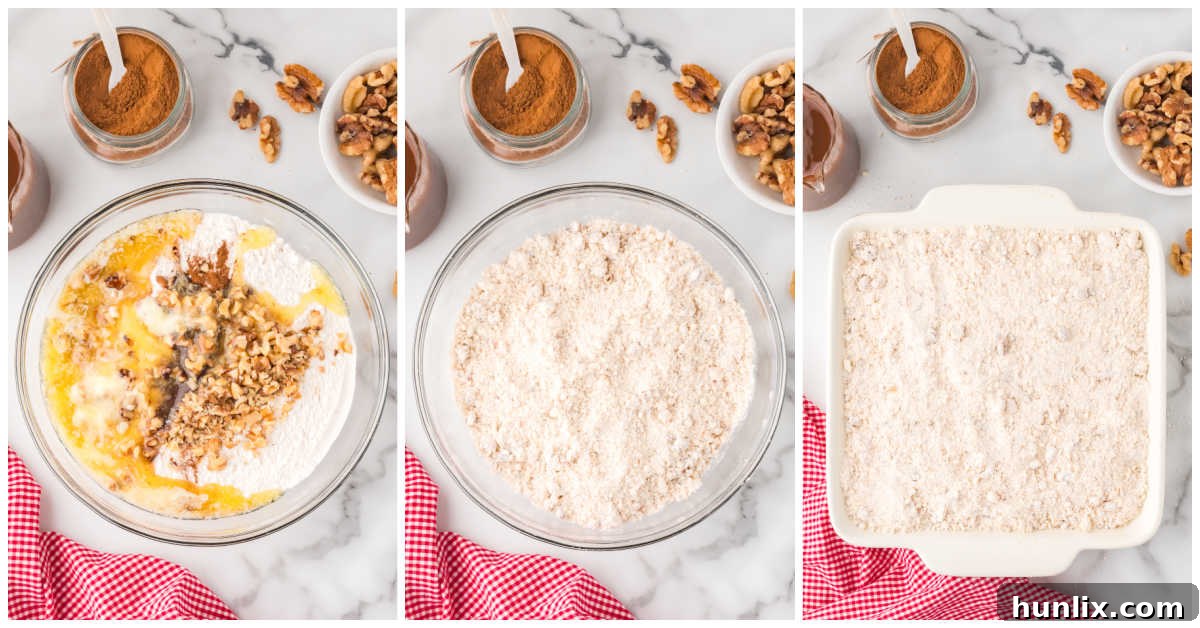 A collage showing the process of mixing dry cake ingredients with butter until crumbly, and then pouring the mixture over the apple pie filling in a baking pan.