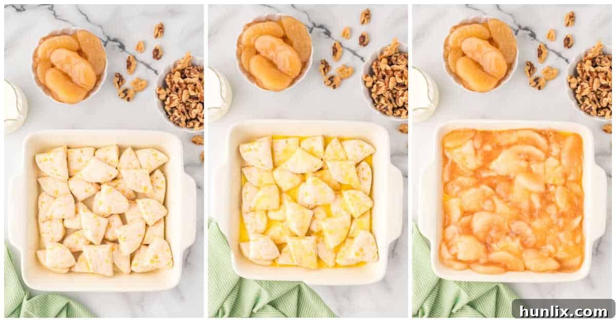 A collage showing the preparation of apple butterscotch buns: cutting rolls, pouring whisked eggs, and spreading apple pie filling into a baking pan.