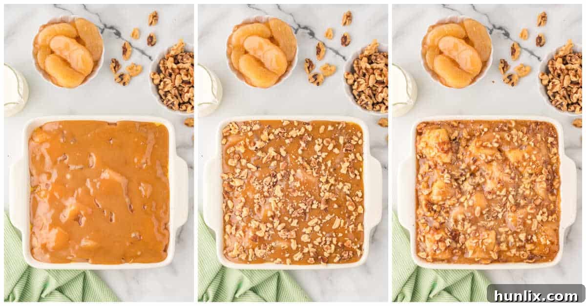 A collage showing the final assembly of apple butterscotch buns before baking: pouring butterscotch, topping with walnuts, and the baked buns in the pan.