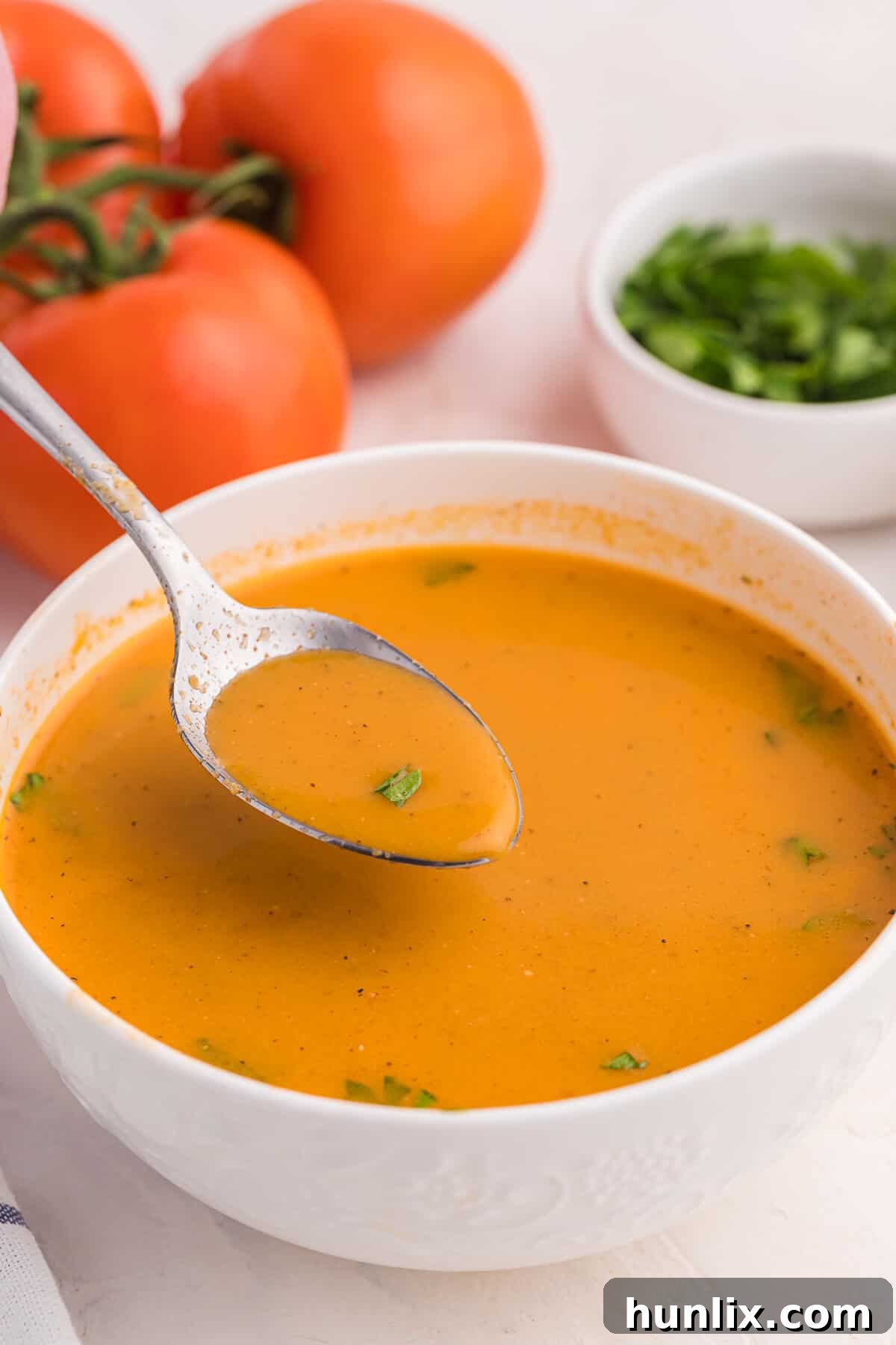 A spoon dipping into a bowl of creamy roasted garlic and tomato soup.
