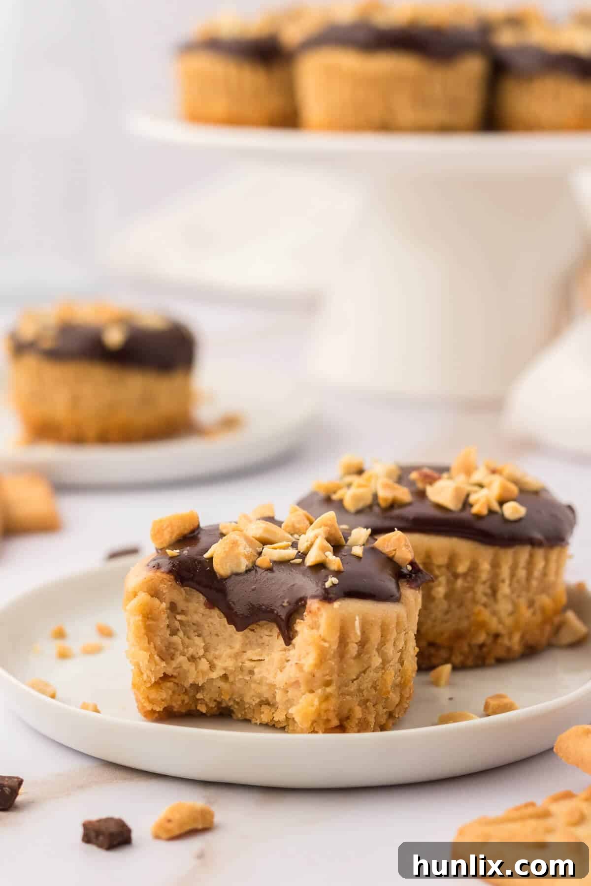 Two perfectly plated mini peanut butter cheesecakes, adorned with chocolate peanut butter sauce and chopped peanuts.