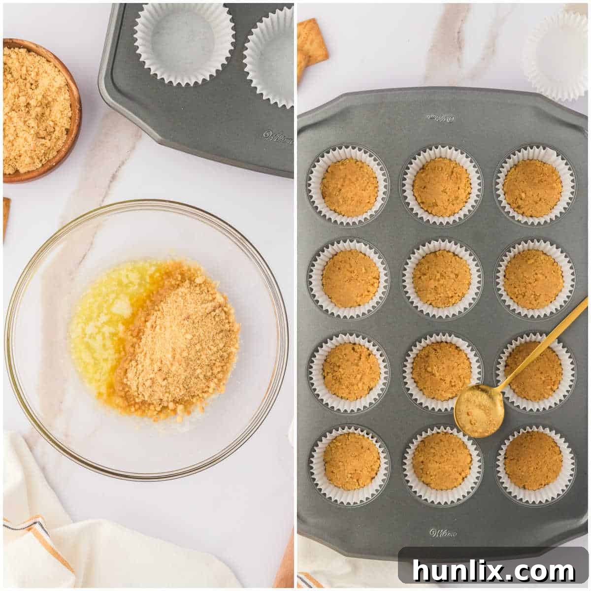 Detailed steps for preparing the mini cheesecake crust, showing crushed cookies and melted butter.