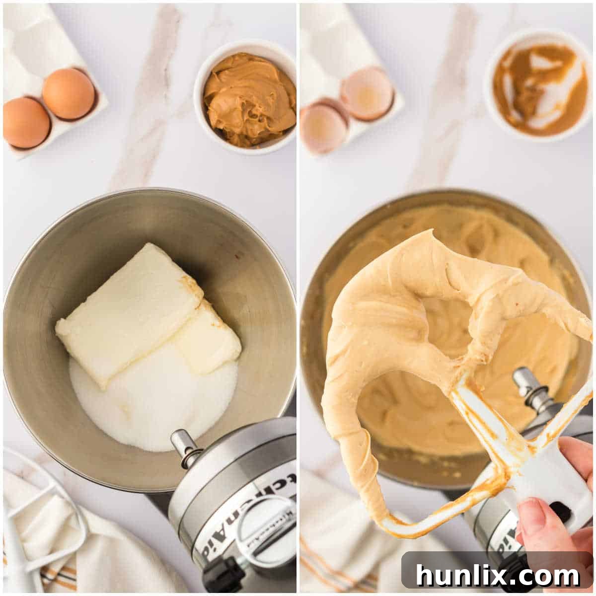 The process of mixing the creamy peanut butter cheesecake filling, showing a bowl of smooth batter.
