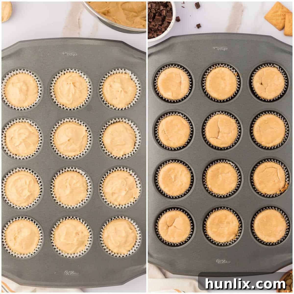 Mini peanut butter cheesecakes baking in a muffin tin, showing the golden tops.