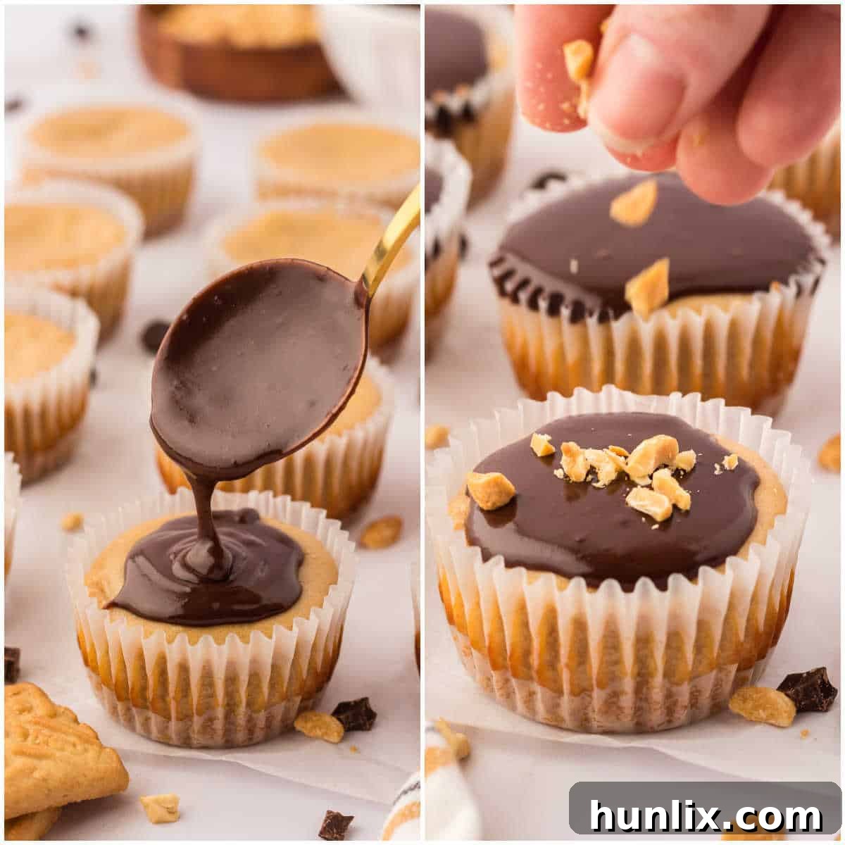 The final step of making mini peanut butter cheesecakes, with chocolate peanut butter sauce being drizzled.