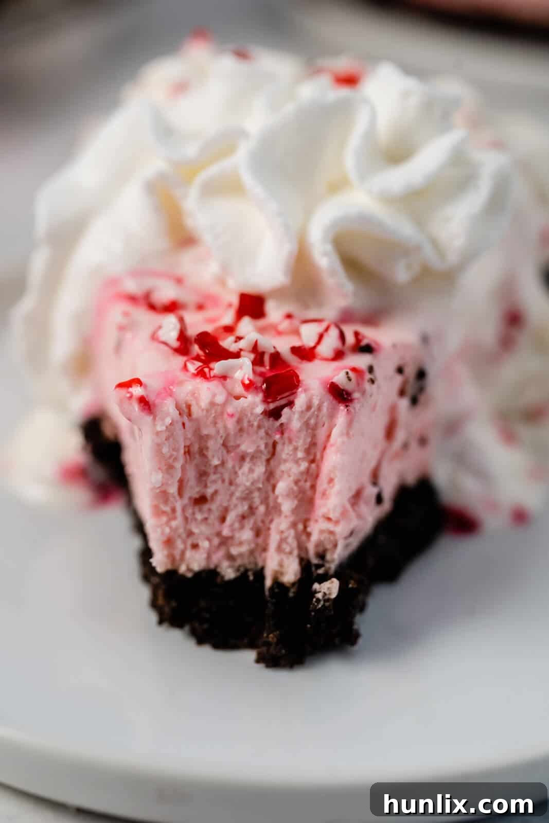 No-Bake Peppermint Pie - A slice of the refreshing peppermint pie on a plate, garnished with whipped cream and crushed candy canes.