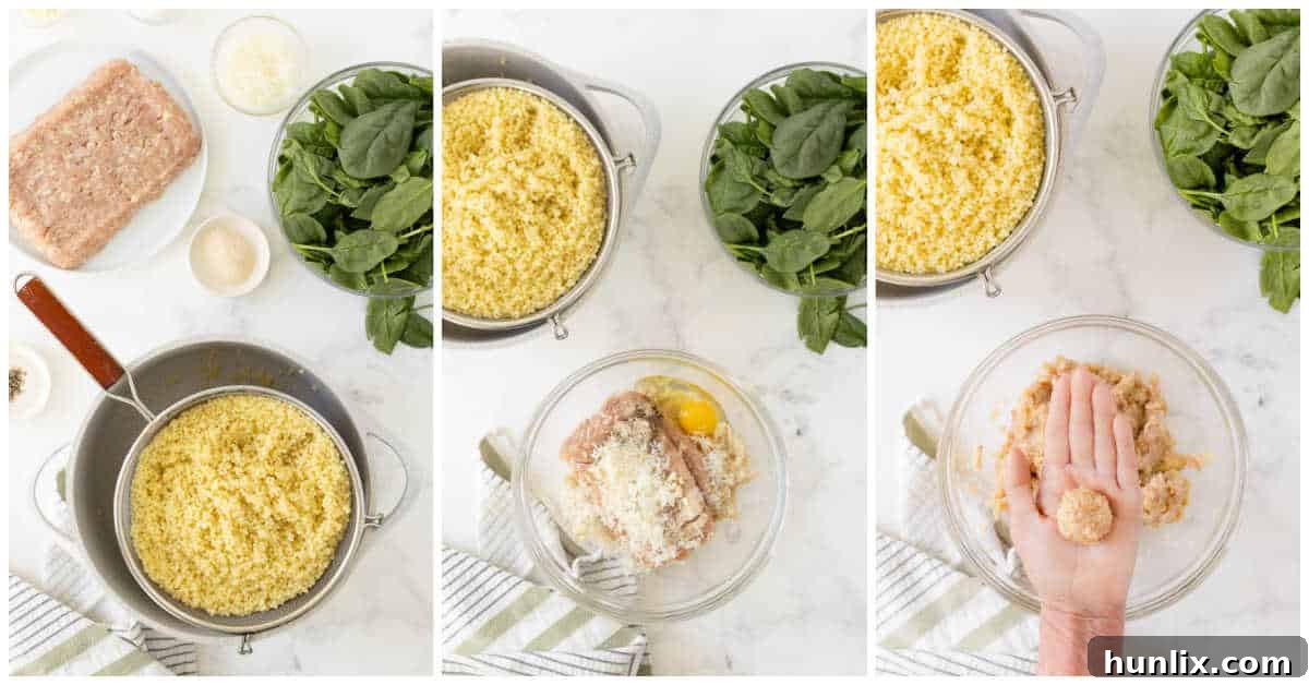 Hearty Italian Wedding Soup with Tender Chicken Meatballs 4 Hands mixing ground chicken with bread and spices in a bowl, and then forming small meatballs.