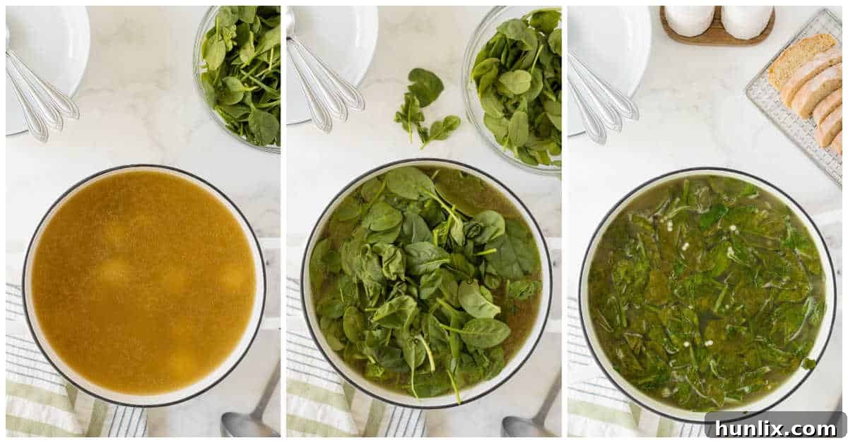 Hearty Italian Wedding Soup with Tender Chicken Meatballs 5 Cooked chicken meatballs simmering in broth, followed by wilted spinach and pasta added to the soup.