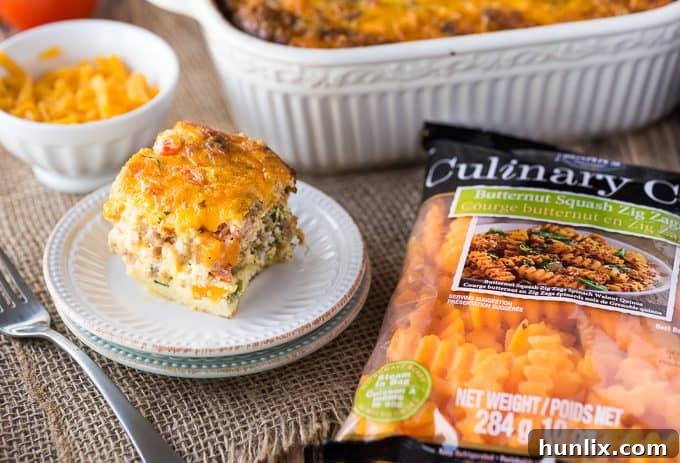 Sausage & Butternut Squash Breakfast Casserole - Butternut squash for breakfast? Yes! This sausage-laden breakfast casserole is a delicious twist on a traditional breakfast casserole.