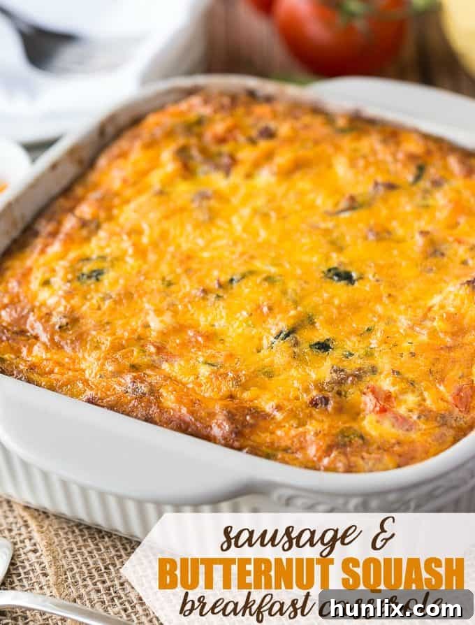 Sausage & Butternut Squash Breakfast Casserole - Butternut squash for breakfast? Yes! This sausage-laden breakfast casserole is a delicious twist on a traditional breakfast casserole.