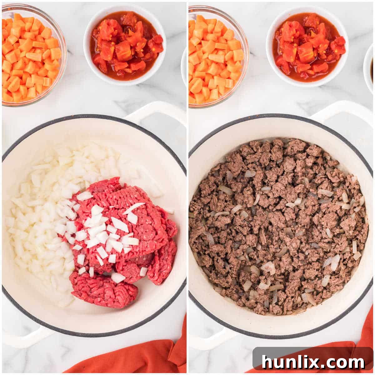 Collage of the hamburger and onion cooking in a pot.