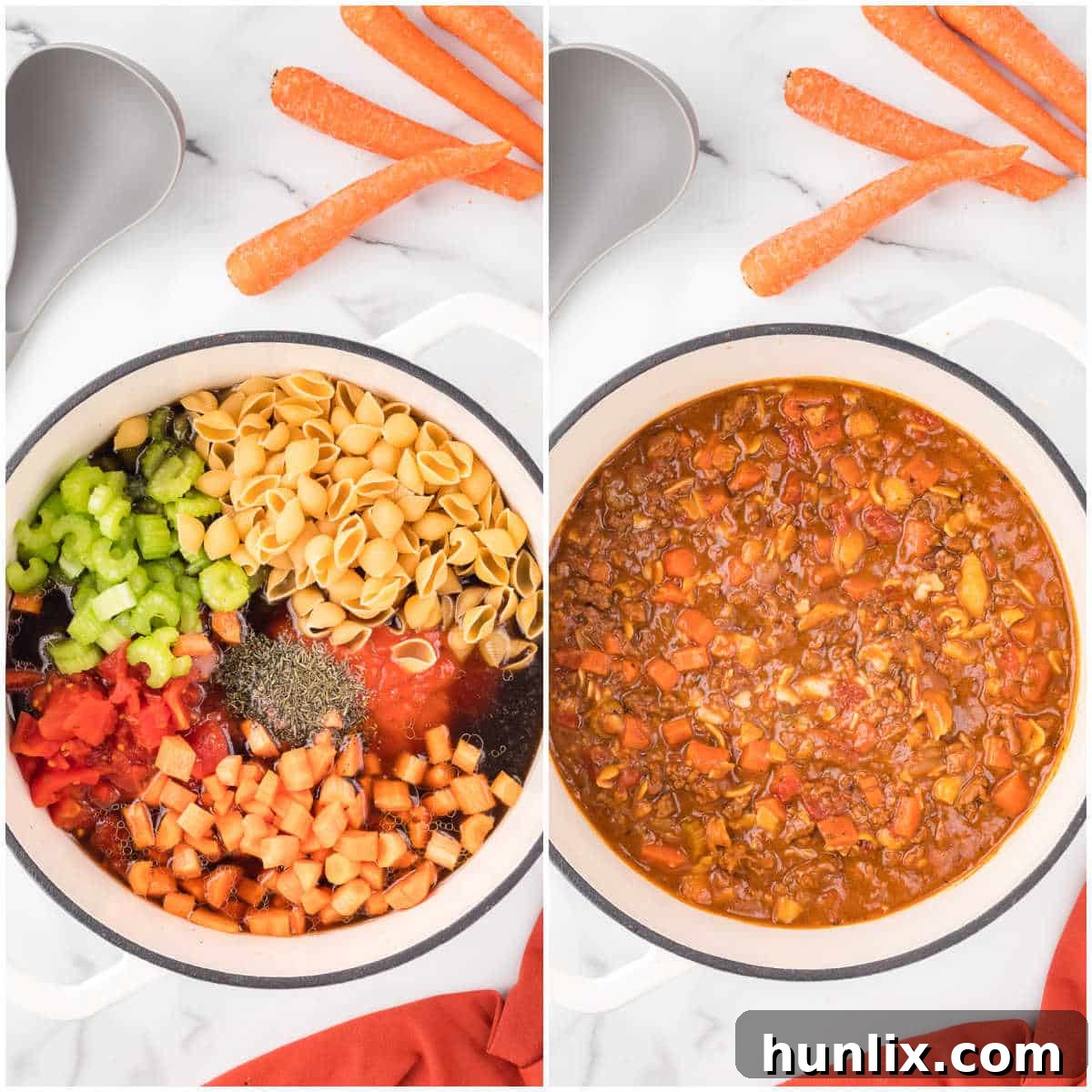 Collage of the ingredients added to the pot and mixed together.