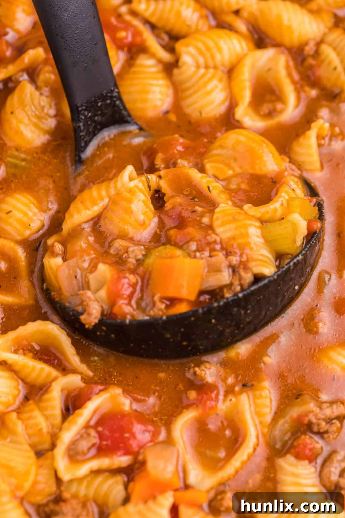 A black ladle in a pot of soup.