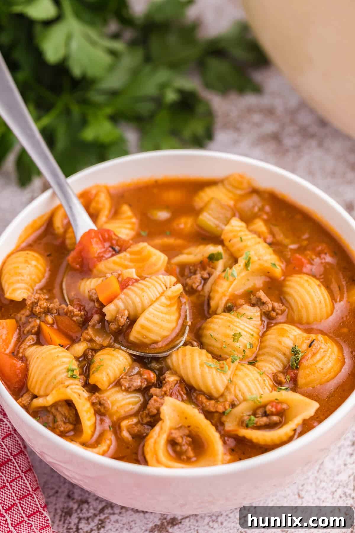 The soup in a white bowl with a spoon.