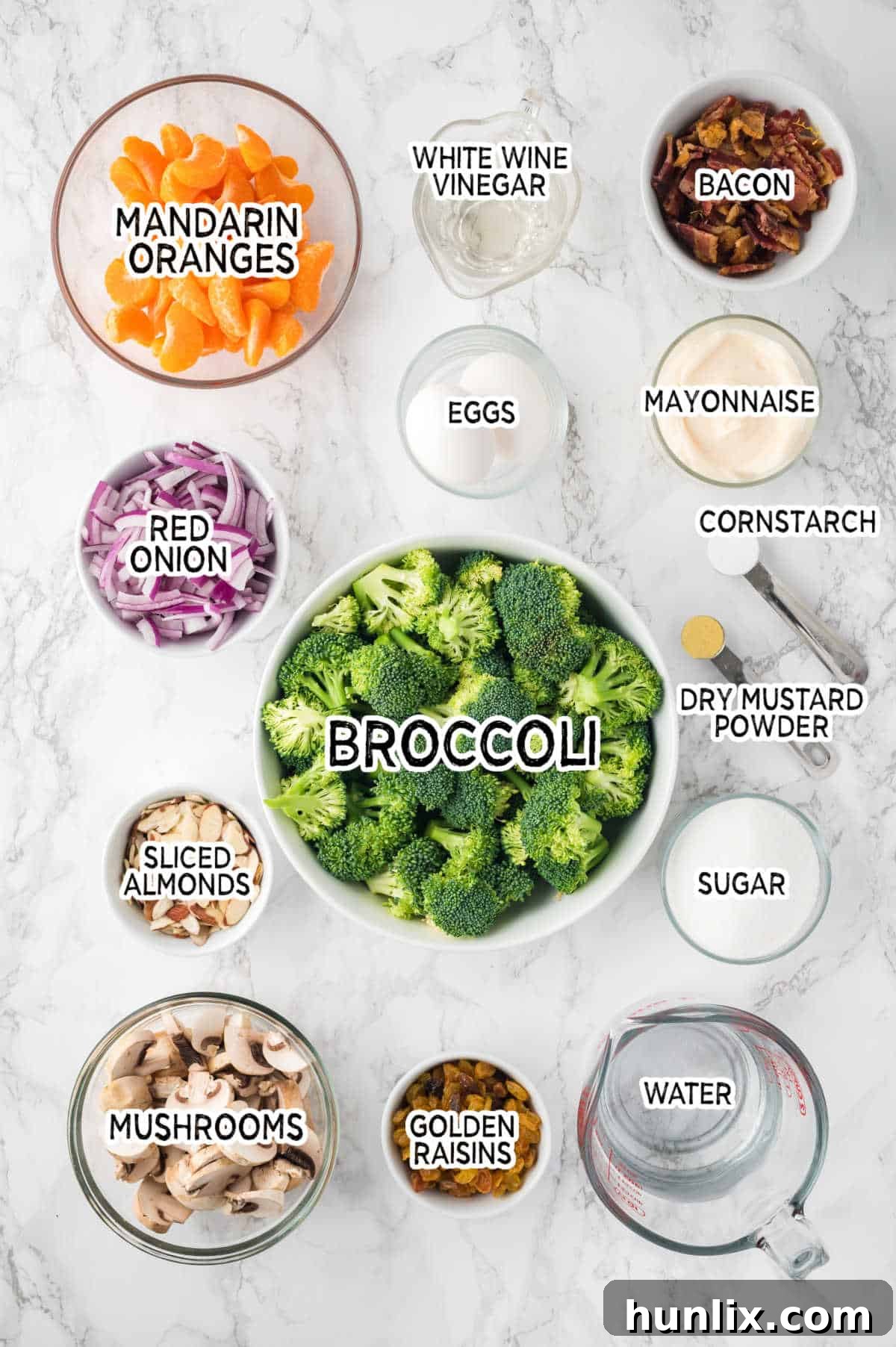 Creamy Broccoli Salad 3 All the fresh ingredients for broccoli salad laid out.