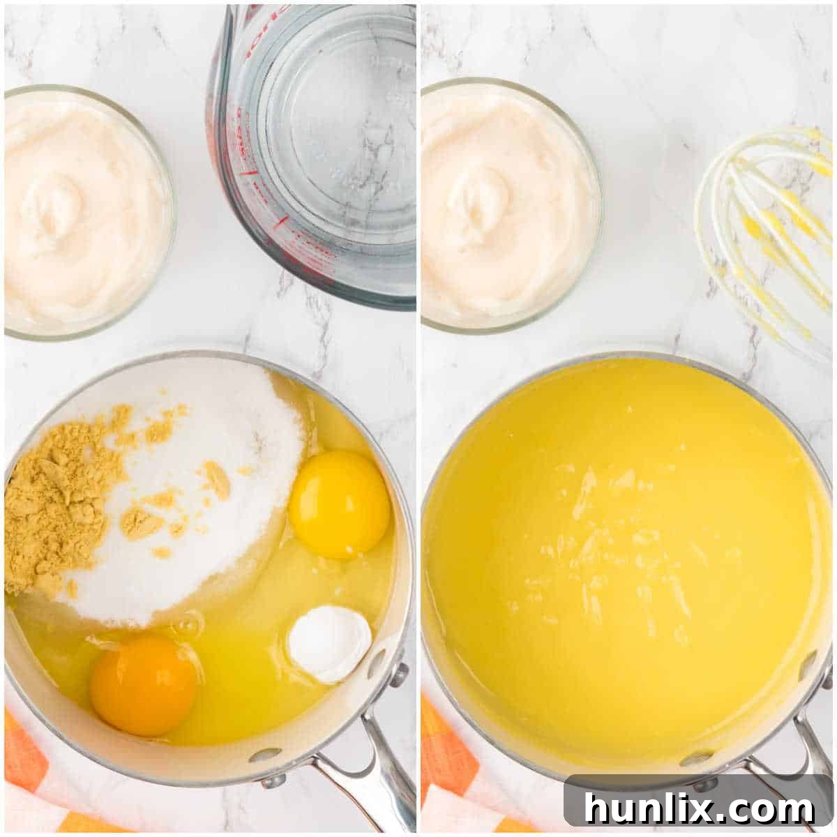 Creamy Broccoli Salad 4 Whisking dressing ingredients in a saucepan.