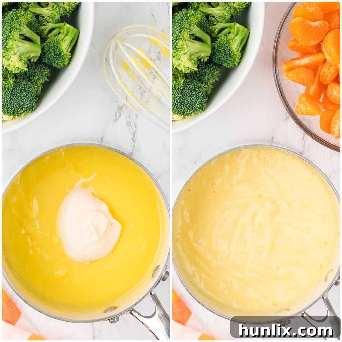 Creamy Broccoli Salad 5 Thickened dressing in a saucepan.