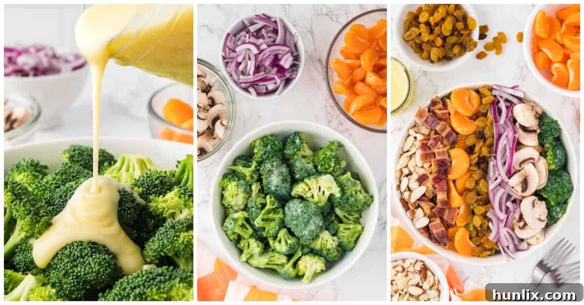 Creamy Broccoli Salad 6 Mixing broccoli and dressing in a large bowl.