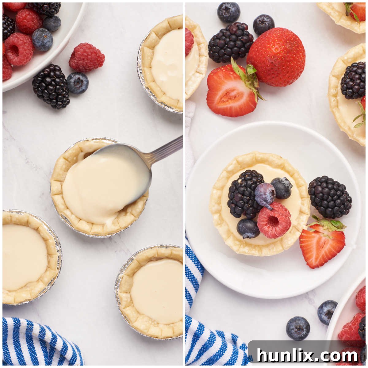 Filled tart shells chilling in the refrigerator.