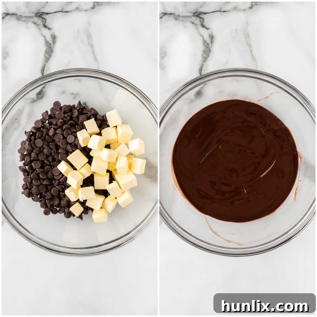 Collage showing butter and chocolate melting together in a bowl.