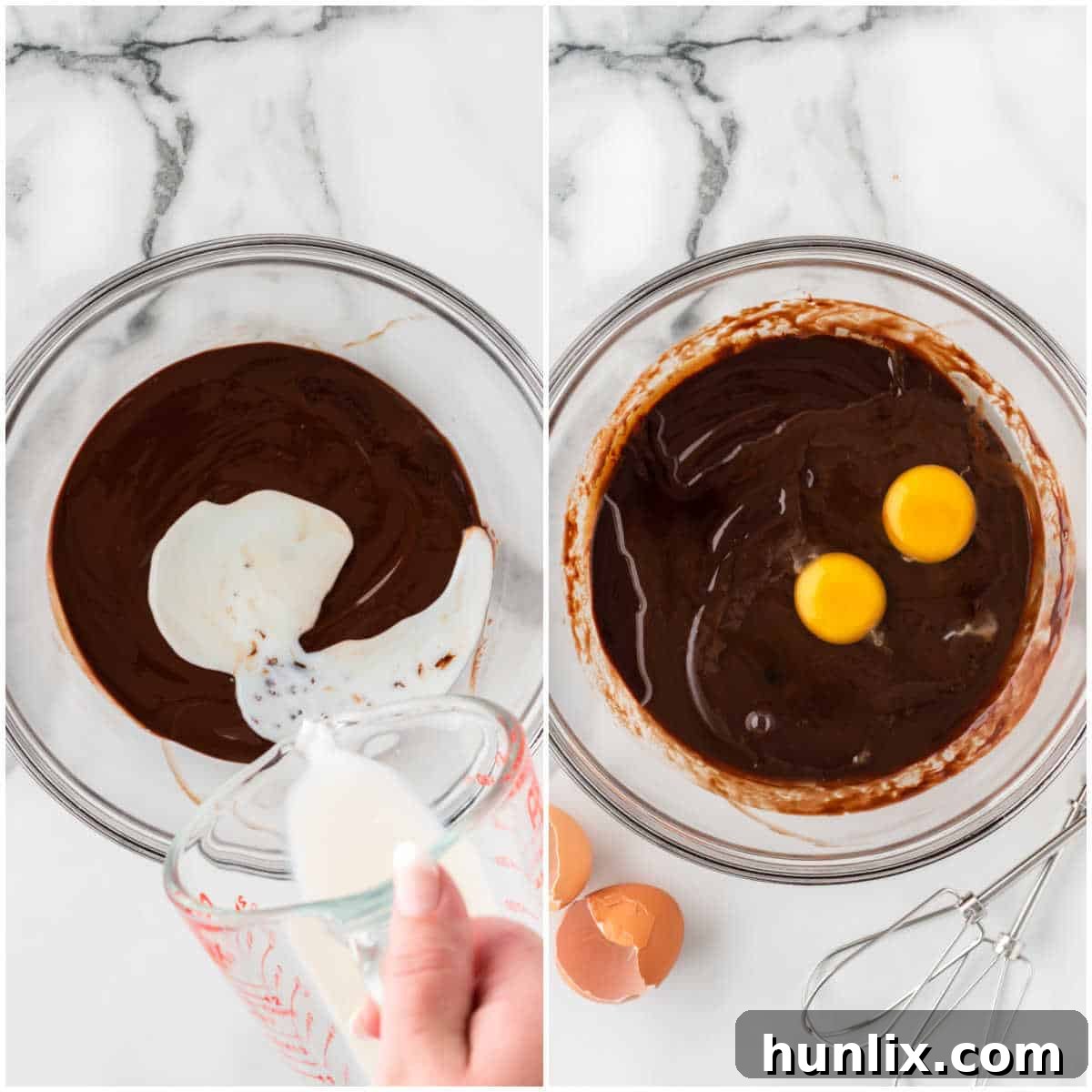 Collage illustrating the process of adding wet ingredients to a bowl.