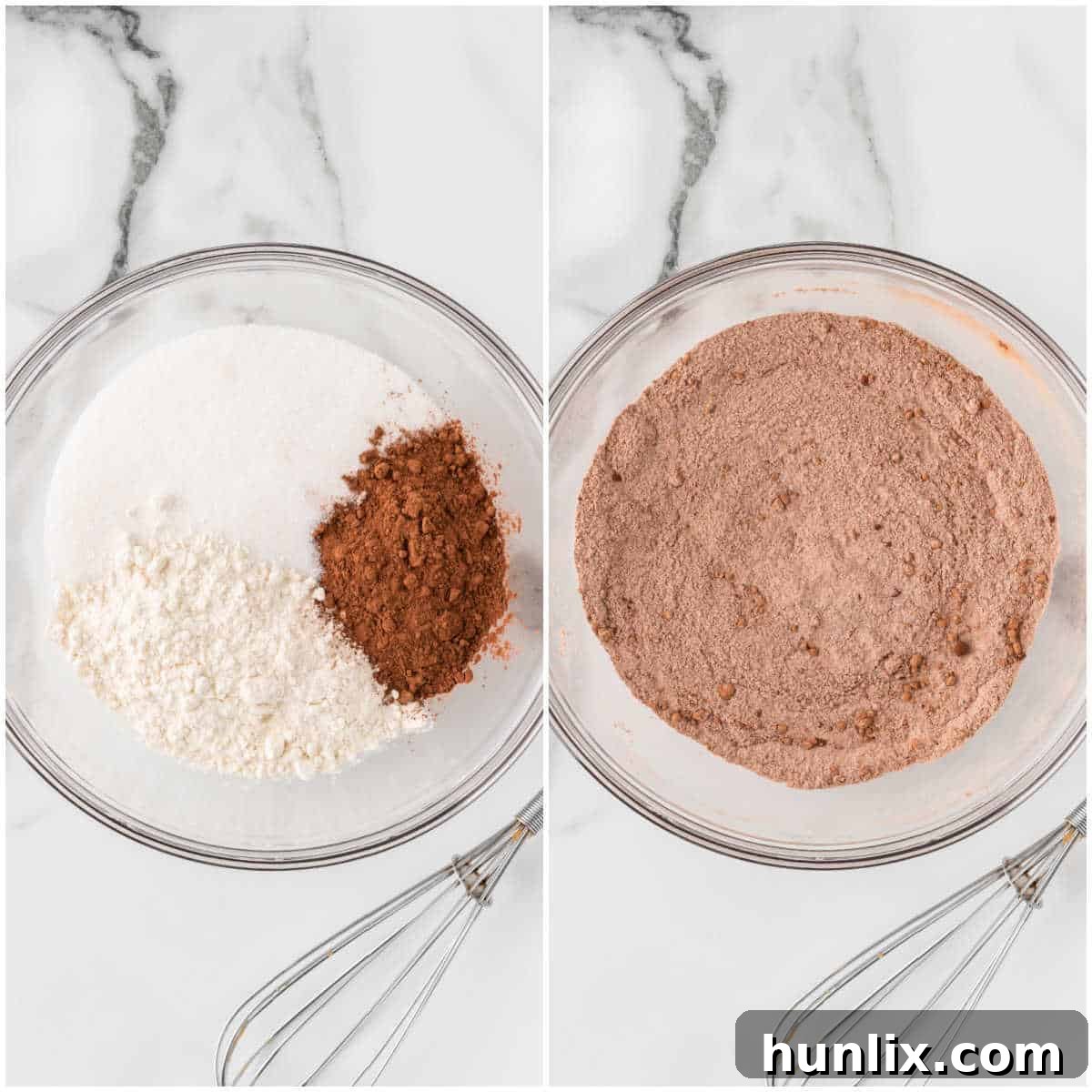 Collage demonstrating the mixing of dry ingredients in a bowl.