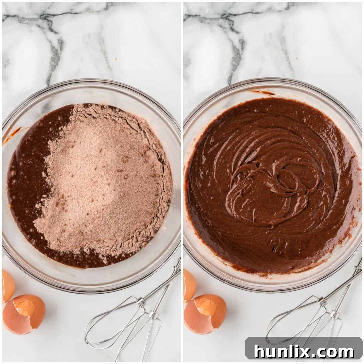 Collage showing the combining of wet and dry ingredients and reserving a portion.