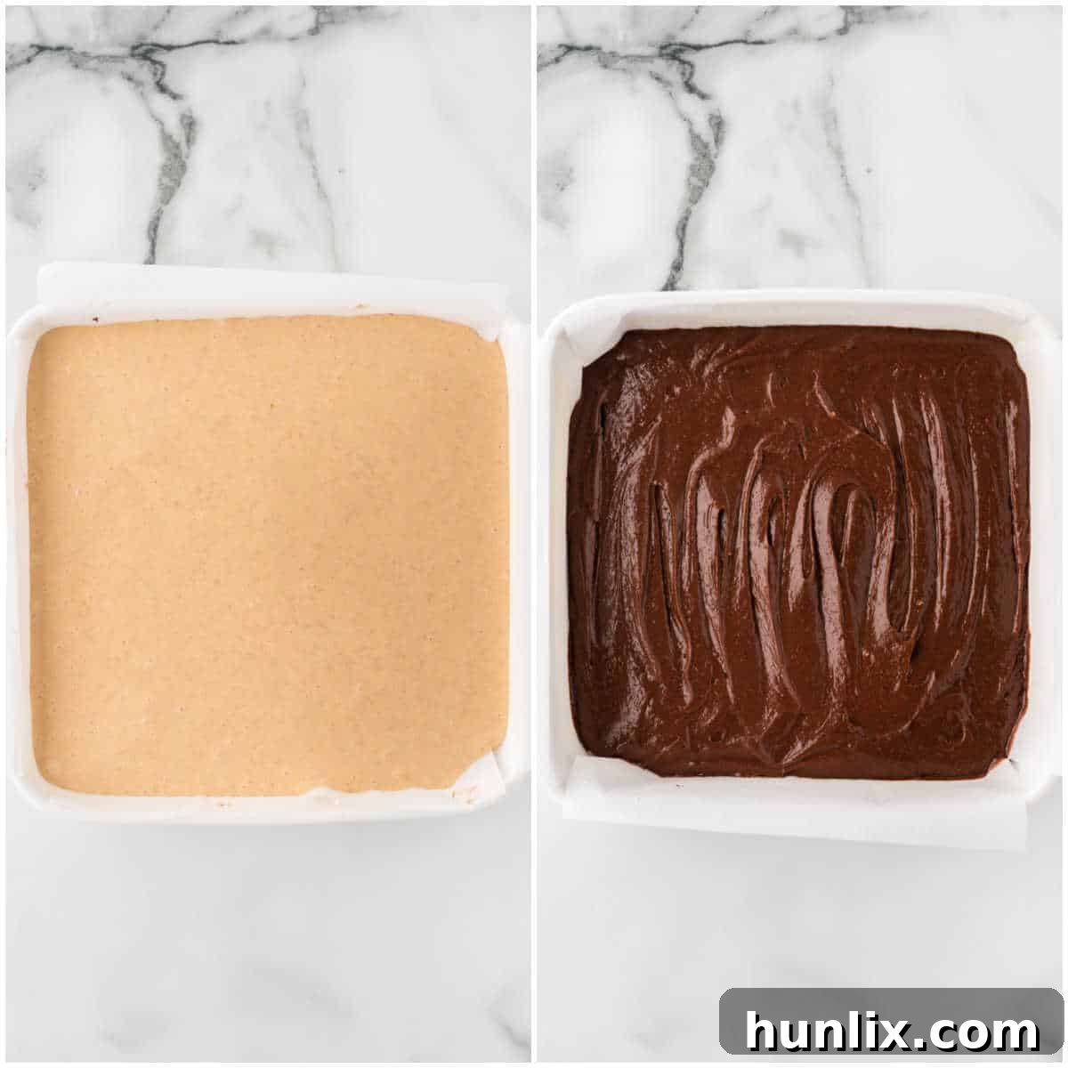 Collage depicting the assembly of the brownie and cheesecake layers in a baking pan.