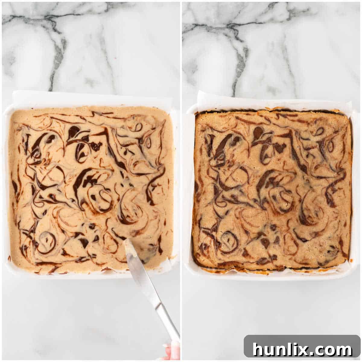 Collage demonstrating the baking process and the finished swirled brownies.