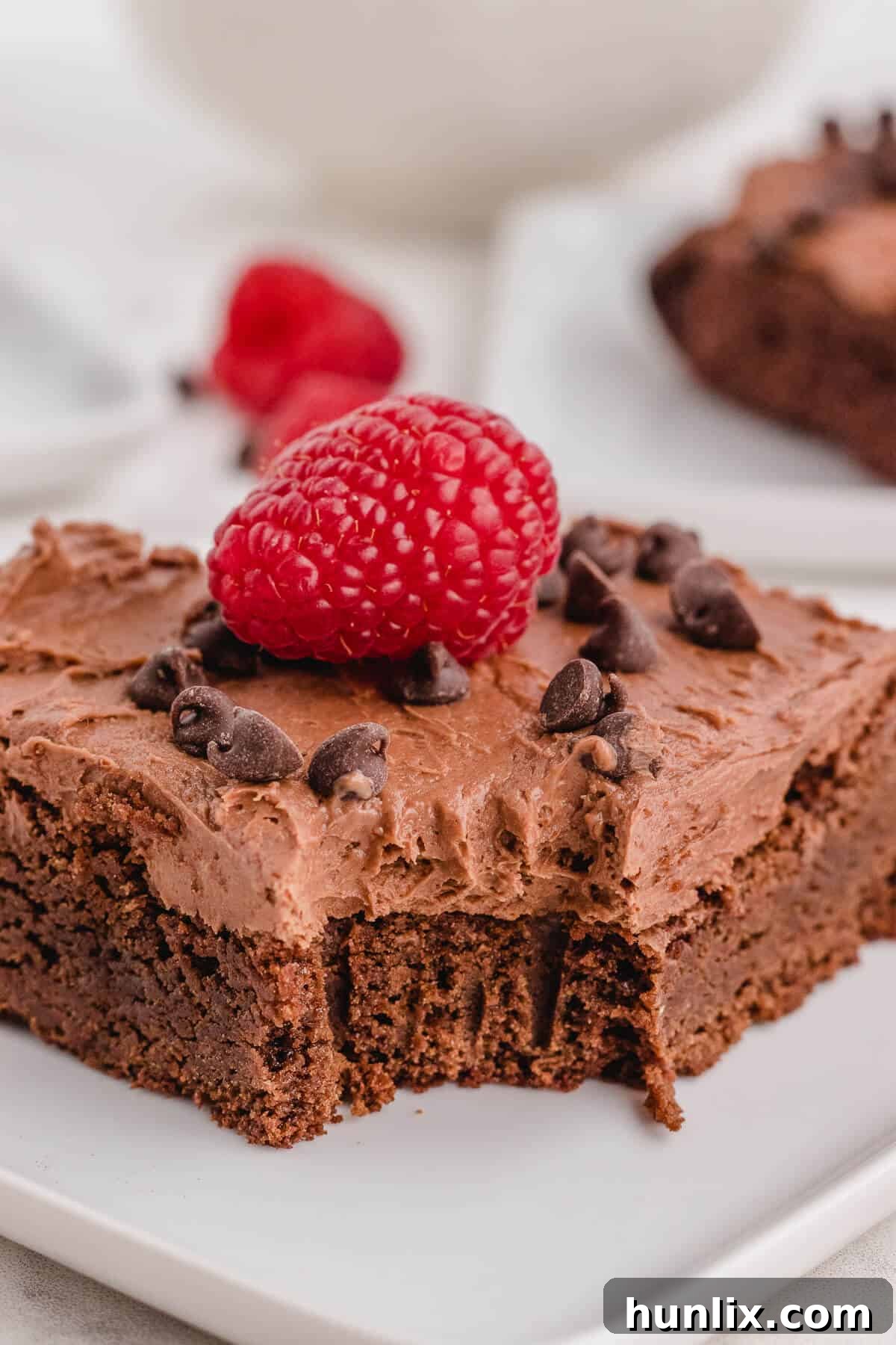A piece of a chocolate raspberry brownie with a bite taken out, showing the fudgy interior and creamy frosting.
