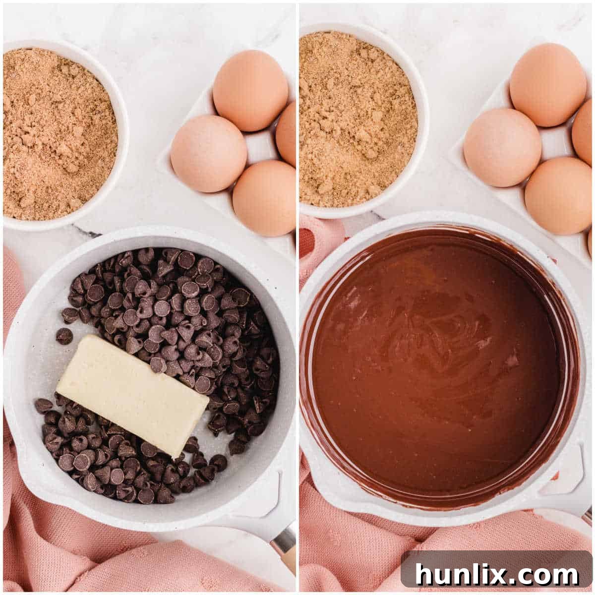 A collage showing butter and chocolate chips melting together in a small pot on a stove.