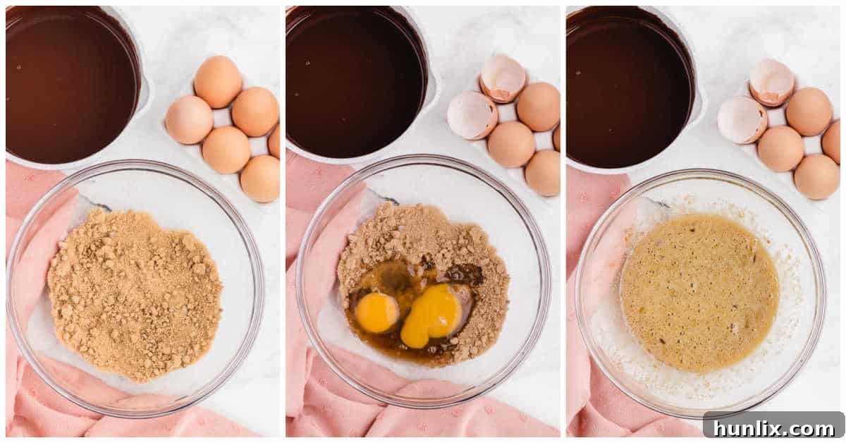 A collage showing eggs and brown sugar being beaten together in a large mixing bowl.