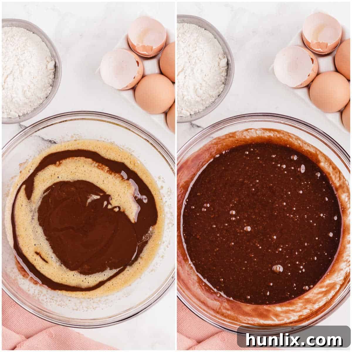 A collage showing melted chocolate being stirred into the egg and brown sugar batter in a bowl.