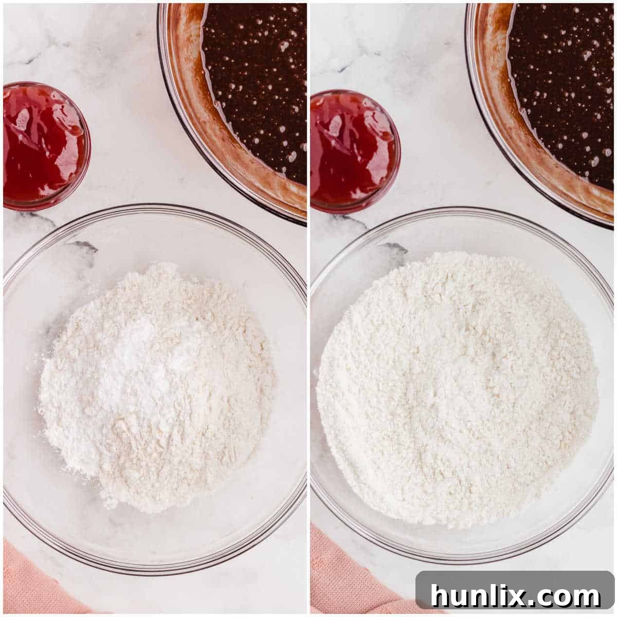 A collage showing flour and baking powder being whisked together in a small bowl.