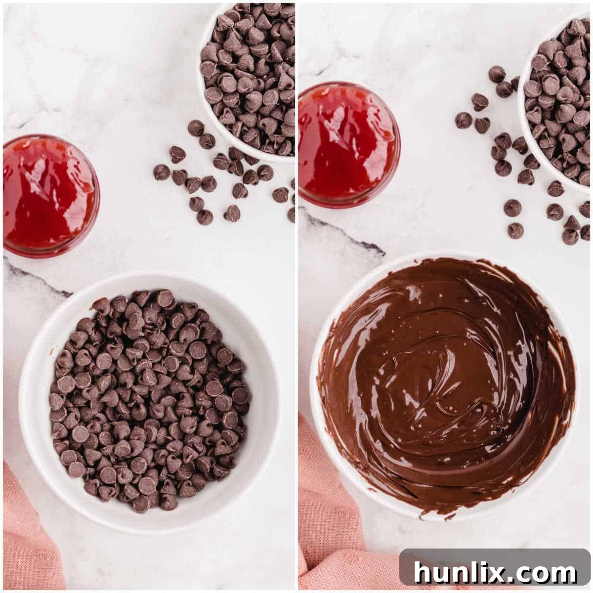 A collage showing chocolate chips melting in a bowl, preparing for the frosting.