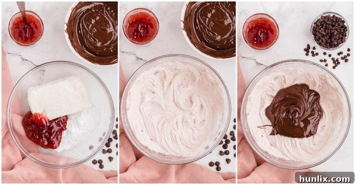 A collage illustrating the mixing of cream cheese, powdered sugar, raspberry jam, and melted chocolate for the frosting in a bowl.