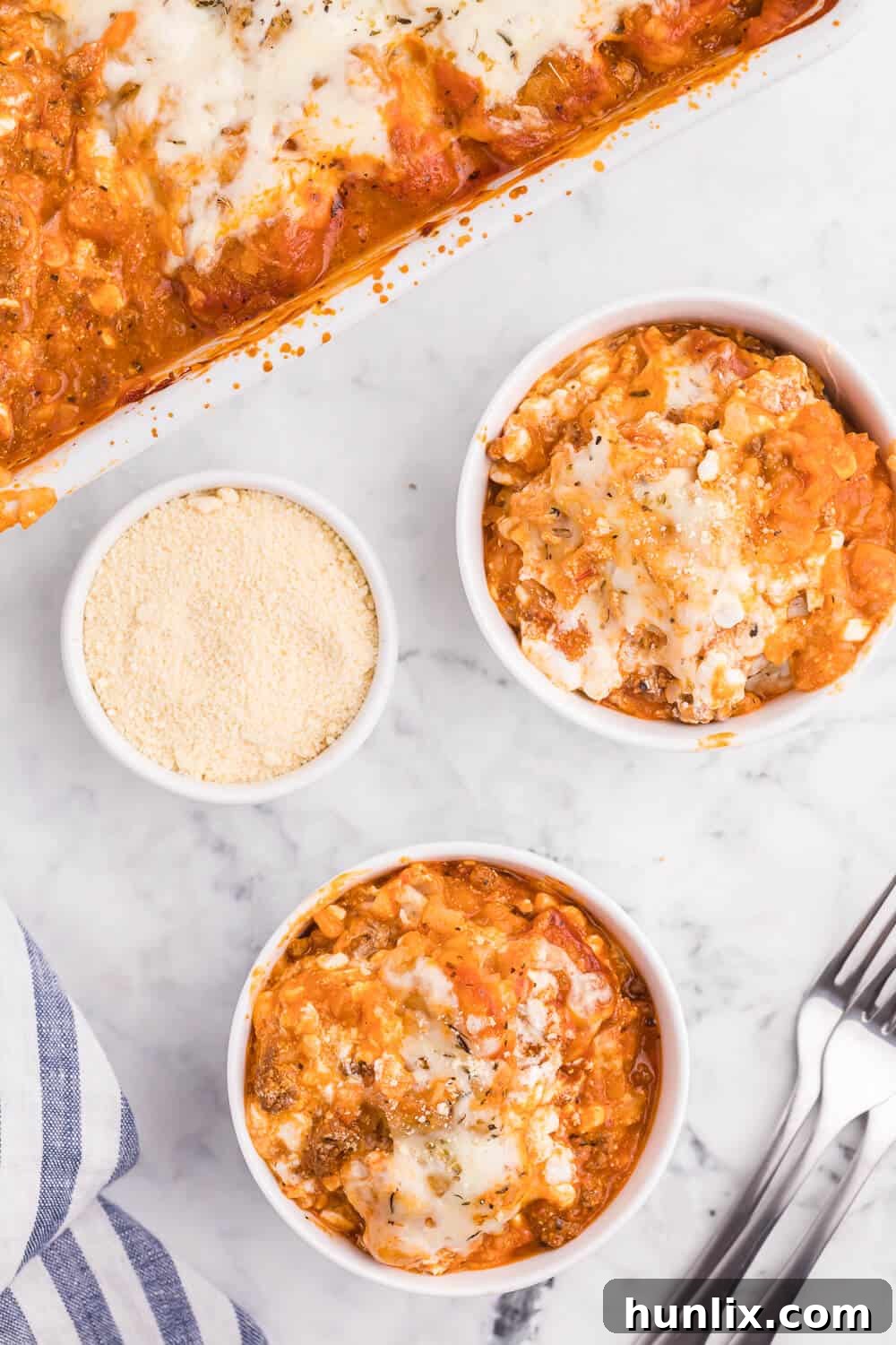 Lasagna Tater Tot Casserole in a baking dish, ready to be served.
