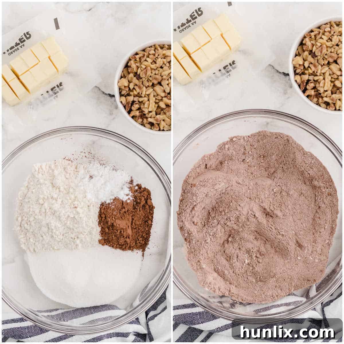 A collage showing dry ingredients for the chocolate crust being mixed in a bowl.