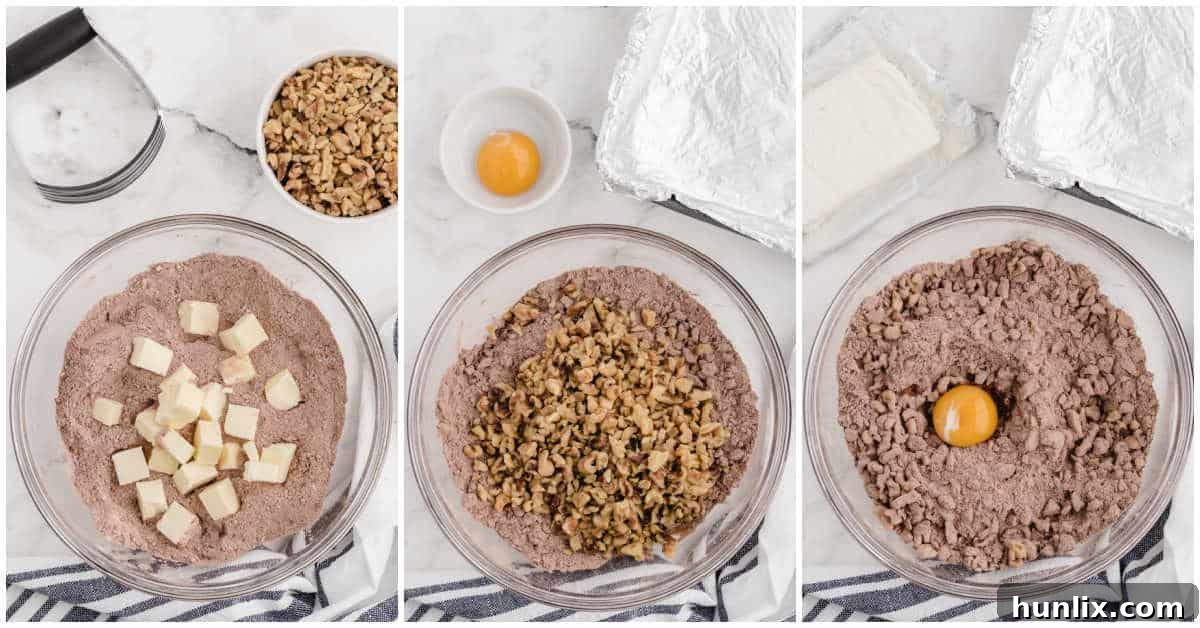 A collage showing egg yolk, vanilla, and walnuts being added and mixed into the chocolate crust mixture.