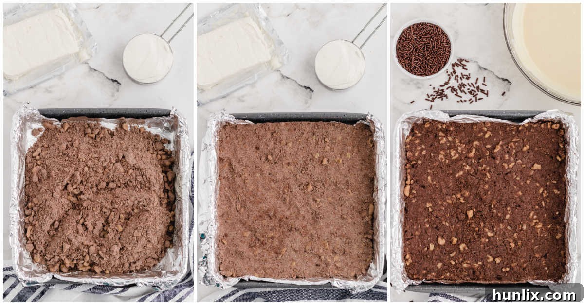 A collage depicting the chocolate nut crust being pressed into a baking pan and then baking in the oven.