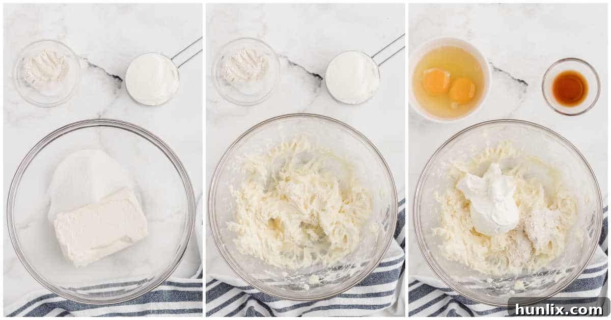 A collage showing the cheesecake filling being made, with cream cheese and sugar being beaten, then sour cream, flour, and salt added.