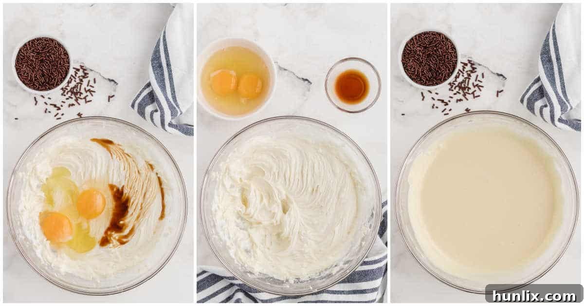 A collage showing the final steps of mixing the cheesecake filling, including adding eggs and vanilla.
