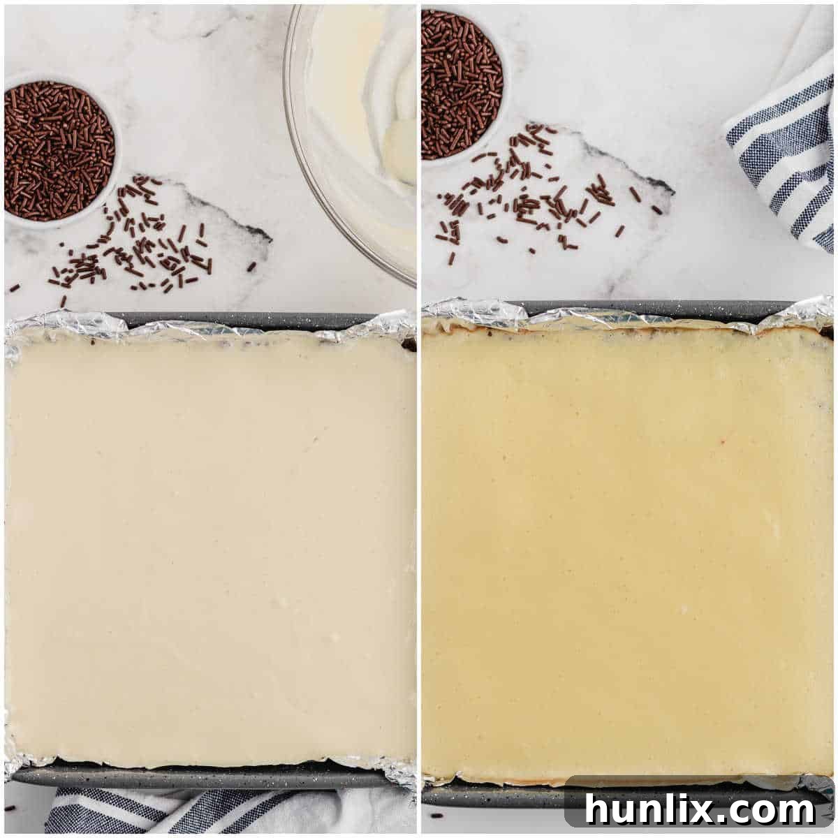 A collage illustrating the cheesecake mixture being poured over the crust and then baking in the oven.