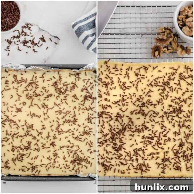 A collage showing the cooled cheesecake being decorated with chocolate sprinkles and then sliced into squares.