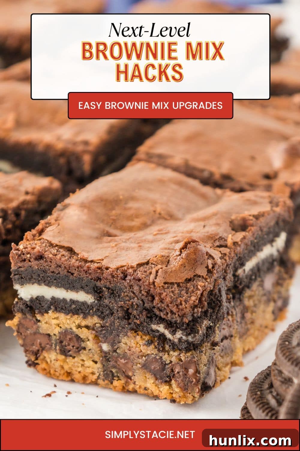 Assortment of upgraded boxed brownies with various toppings and mix-ins, showcasing different brownie mix hacks.