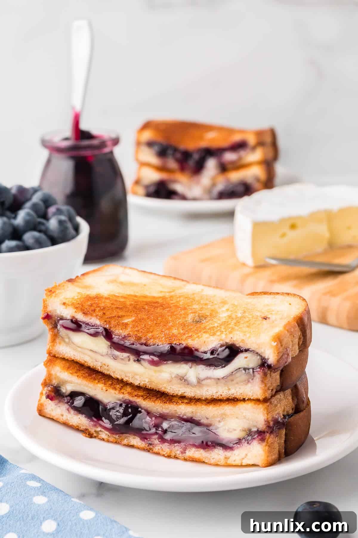 A blueberry brie grilled cheese sandwich on a white plate, cut in half.