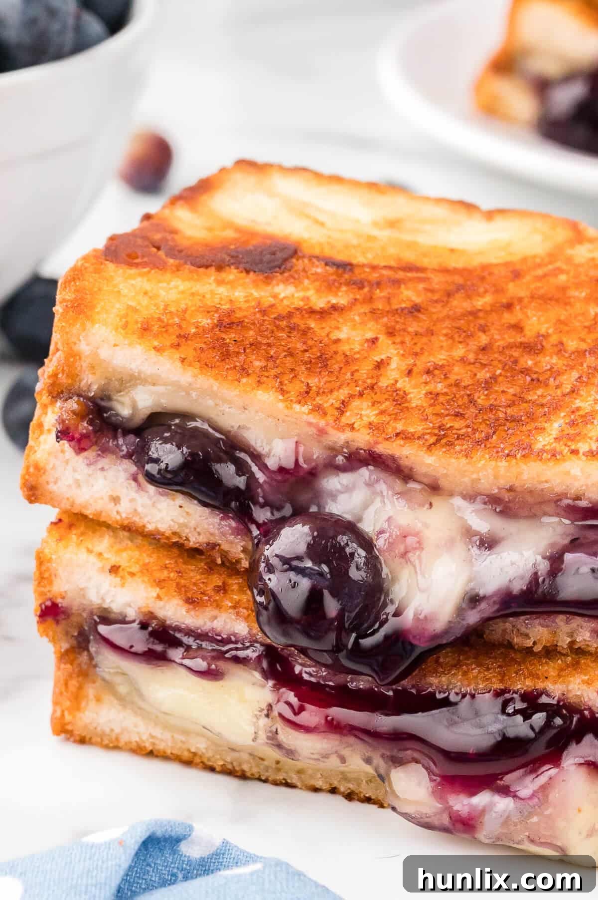 A blueberry brie grilled cheese on a white plate, served with a side of fruit.